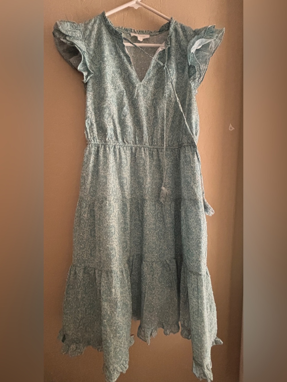 Shabby Chic Seafoam Green Floral Tiered Ruffled Midi Dress ~ Women’s Large